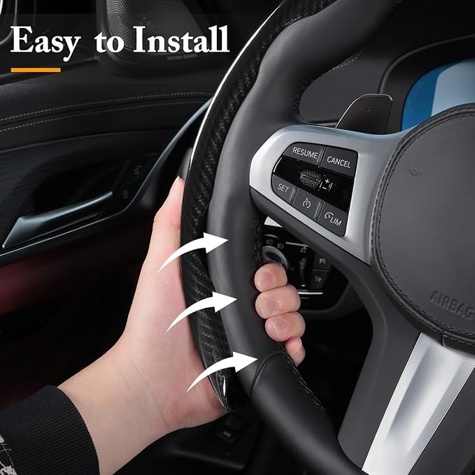 Carbon Fiber Steering Wheel Cover Universal 3pcs Protector Glossy Black | Snap on Car Steering Wheel Cover Accessories 3pcs Set Wrap Grip Non Slip Protector - Image 4