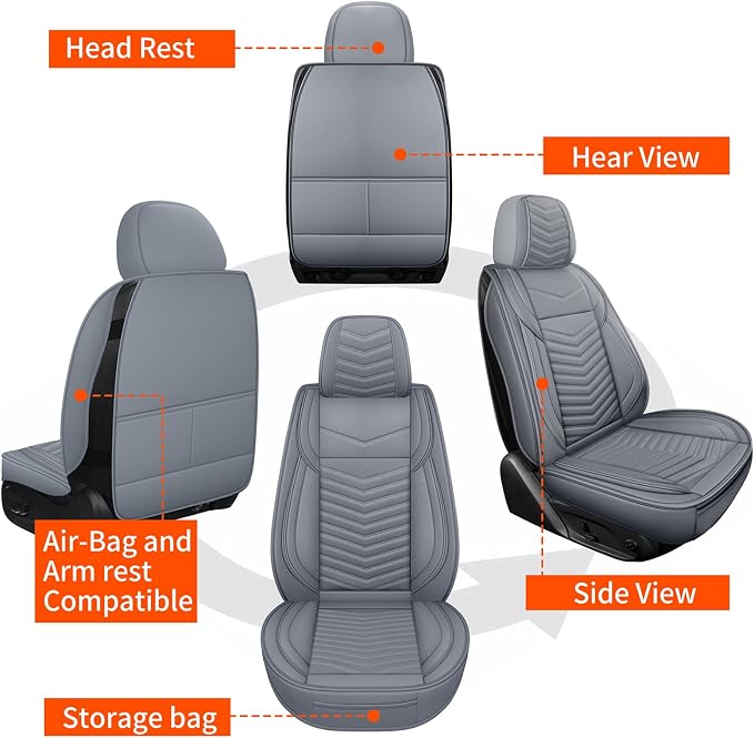 HChengkikz Front Car Seat Cover, Waterproof Faux Leather, Waterproof (Gray) | Easy Maintenance, Airbag Compatible, Universal Fit For Most SUVs Trucks Pick-ups Sedans - Image 4
