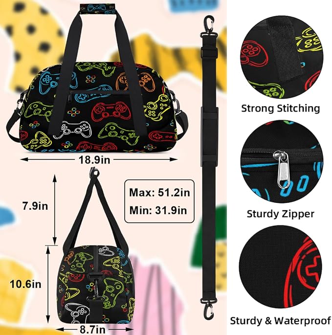 Gym Travel Duffle Bag for Boys - Kids Overnighter Weekend Bag with Front Zipper Pocket for School Practice, Video Games Teens Carry-On Size Sleepover Bags - Image 2