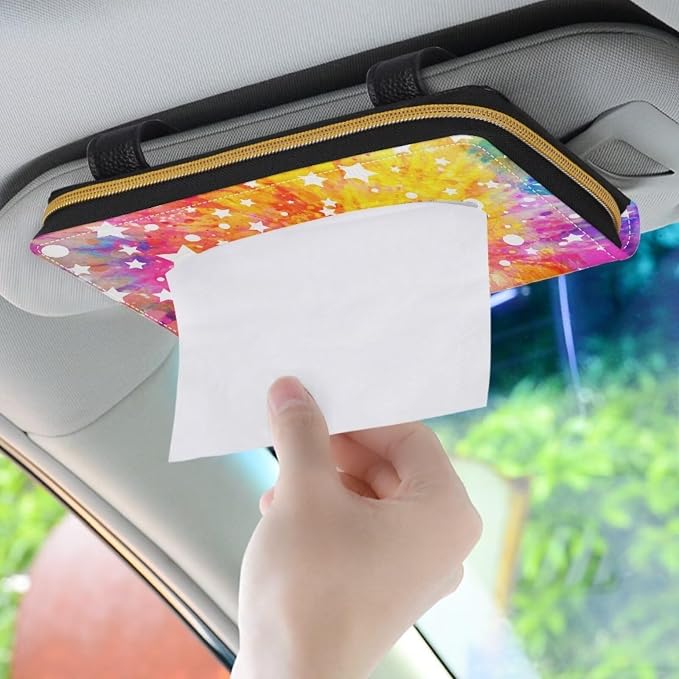 Biyejit 2 Pack Car Tissue Holder, Tie Dye Stars Premium Sun Visor Napkin Case, Hanging Car Accessories Used to Organize Paper Towels and Storage Small Items - Image 3