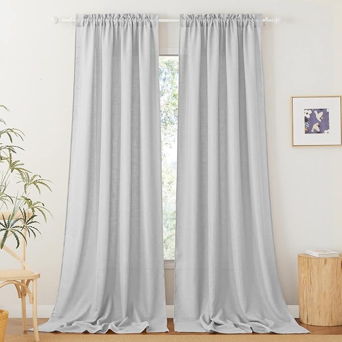 RYB HOME Sheer Curtains for Living Room Linen Woven Sheer Backdrop Curtains Light Glare Filtering Airy for Bedroom Window Sunroom Kids Nursery, Dove Grey, W 52 x L 120 inch, 2 Pcs by RYBHOME