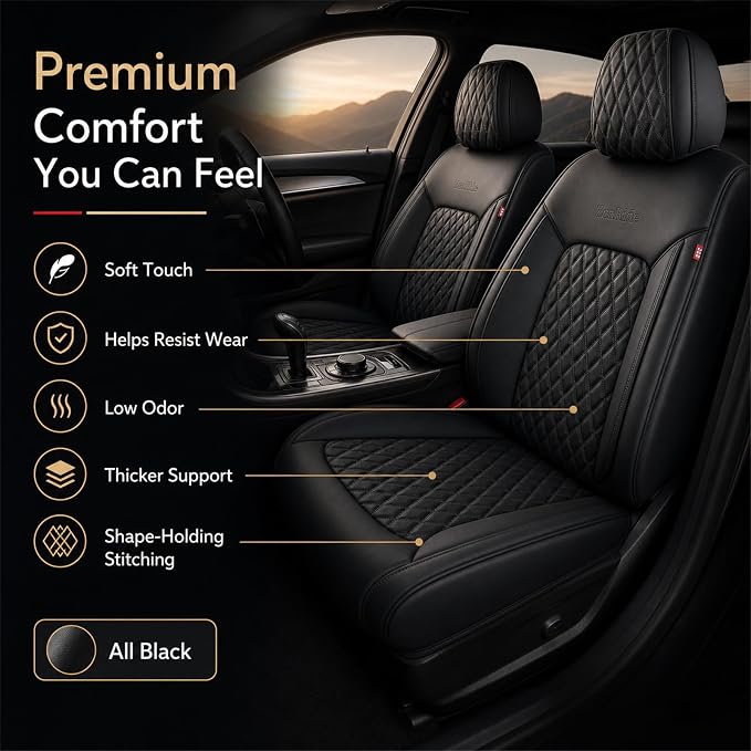 Black High-Density Nappa Leather Automotive Car Seat Covers Full Set | Univerasal Fit,3D Contoured,Waterproof,ThickTexture Nappa Leather,for most Suvs Trucks Sedans - Image 2