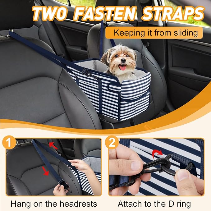 Portable Dog Car Seat for Small Dogs, Puppy Car Seat, Blue Stripes | Booster Seat With Safety Leash & Adjustable Straps Keeps Small Dogs Secure. Removable Washable Cushion. Fits Most Cars. - Image 5