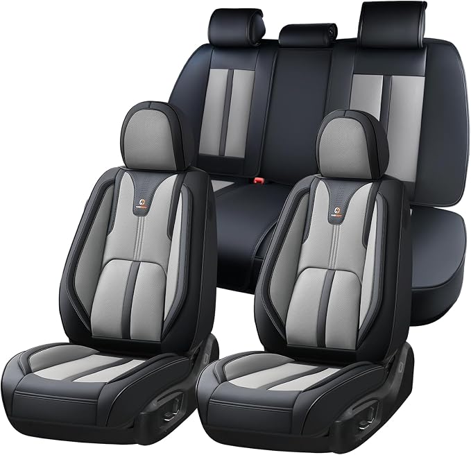 Huidasource Universal Car Seat Cover Luxury Nappa Leather, Car Seat Cover Set with Velcro Adjustable, Airbag, Lumbar Support, Cooling＆Heating, Seat Covers Fit for Most Cars SUV Trucks, Black＆Gray by Huidasource