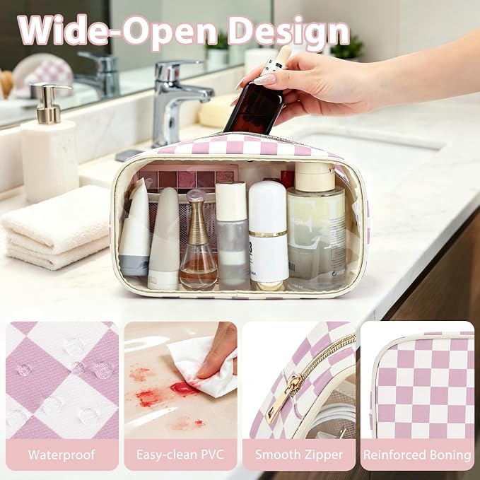 Fammart Clear Travel Makeup Bag for Women, TSA Approved Checkered Cosmetic Bag Make Up Car Organizer Case with Zipper, Large Waterproof Pouch Purse Toiletry Bag for Skincare, Brushes Travel Essentials - Image 4