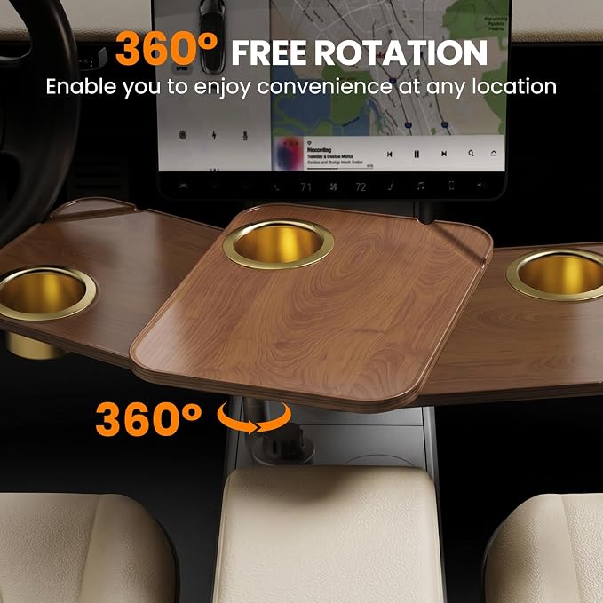 360° Adjustable Tesla Table: Car Tray Holds 2 Laptops (8kg) - 90% Less Shake on Rough Roads - Tool-Free 3s Setup - Solid Wood Platform - With cup holder - car desk for laptop - Image 4