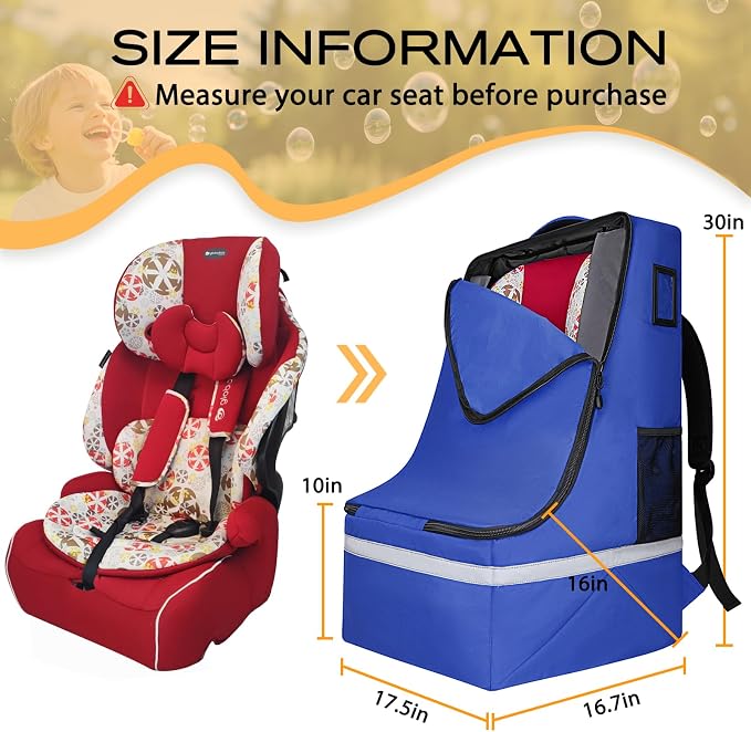 LARIPOP Car Seat Travel Bag for Airplane, Universal Gate Check Car Seat Bag, Padded Backpack with Waist Belt, Reflective Strips & Protective Feet, Fits Infant Convertible Booster Seats, Blue - Image 2
