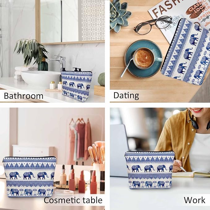 Elephant Cosmetic Bags For Women, Ethnic Geometric Elephant Roomy Makeup Bag Toiletry Bag Accessories Organizer Storage Bags Makeup Pouch For Travel Business Gym Camping Bathroom, Blue - Image 6