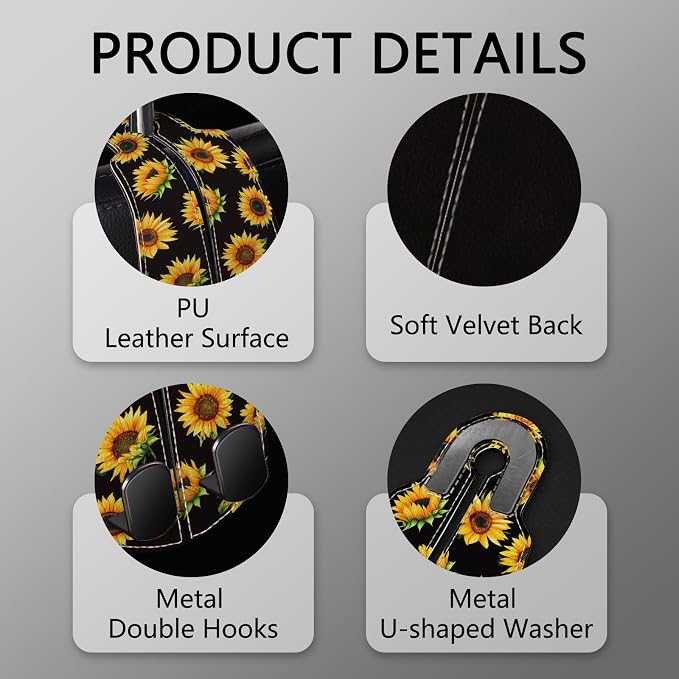 Blusabaca 2PCS Car Seat Headrest Hooks, Purses Bags Holder, Sunflower | PU Leather, Double Metal Back Storage Hangers for Grocery Bags Handbags Bottles Coats Phones, Car Accessories Organization - Image 4