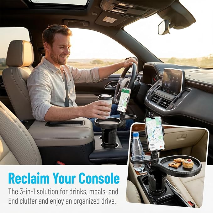 Car Cup Holder Tray, 4-in-1 Vehicle Drink Holder Expander Adapter with Phone Holder & Food Tray Table, Auto Center Console Cupholder Eating Table Organizer, Universal Fit (Black) - Image 3
