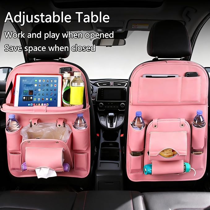Car Seat Organizer, Multifunctional Backseat Protector Mat, Storage Bag and Tray Rack, Trash Storage (Suitable for Cars, Children, Back of Seats, and Rear Seats) (Pink, Leather 1-Piece Set) - Image 3