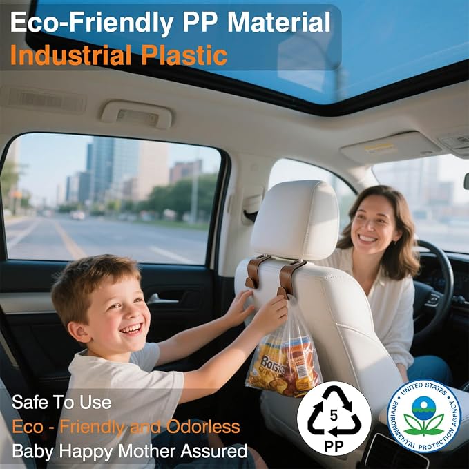 Car Seat Hooks & Purse Holder - 4 Pack Boxed,55 lb Heavy Duty,Eco PP Car Hooks for Purse/Bag/Baby Gear/Gym Bag/Groceries/Cup/,Fits 0.32-0.55”Car Headrest Rods (Brown-2) - Image 4