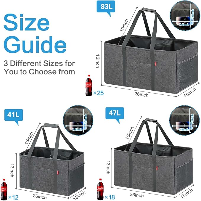 LHZK Standing Utility Tote Bag with Metal Wire Frame and the Sides Rinforced, Large Tote Bag with Handle, Reusable Grocery Bags Foldable, Beach Bag, Car Tote (Grey, 18.5''x11.8''x11.5'') - Image 5
