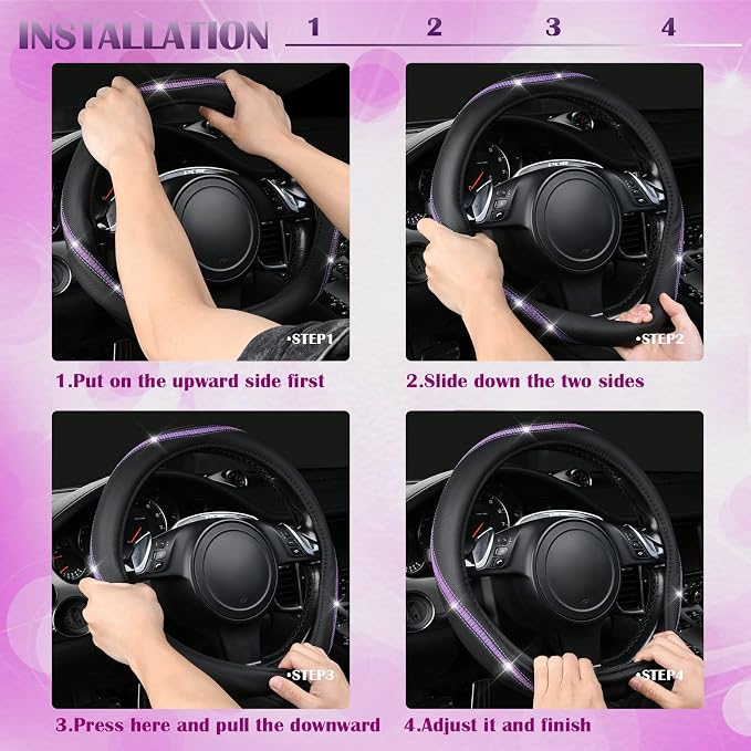 CAR PASS Bling Diamond Black Leather Steering Wheel Cover, Studded Crystal Rhinestones Universal Fit 14" 1/2-15" Glitter for Women Sparkle Girl Fit Suvs,Vans,Sedans,Car,Trucks, Purple Diamond - Image 5