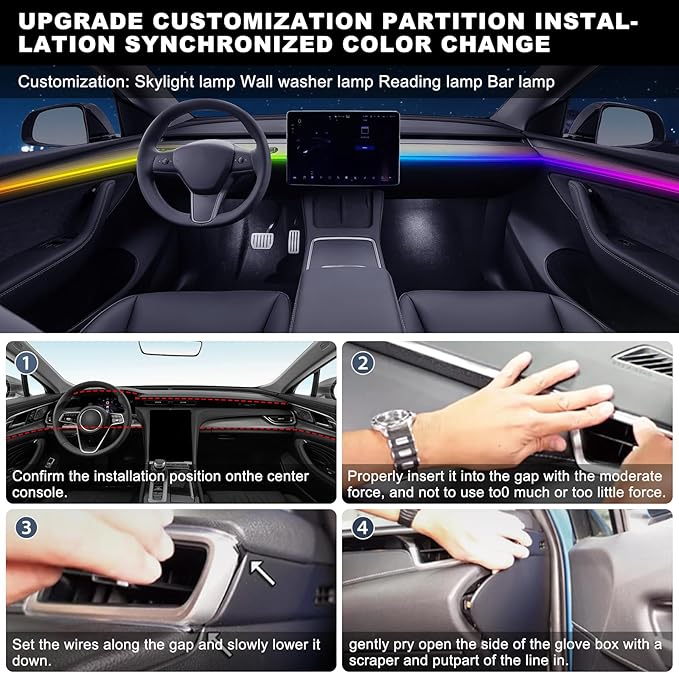 Dreamcolor Acrylic Interior Car LED Strip Light with USB Hub, 55.1 inches Fiber Optic Ambient Lighting Kits, RGB+IC Colors Sound Active Function Neon LED Strip - Image 5