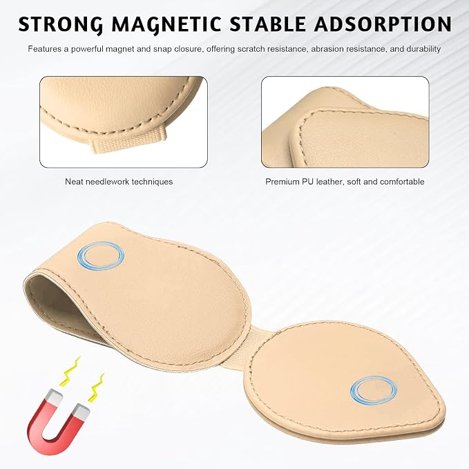 Magnetic Sunglass Holder for Car Visor, Leather Vehicle Sunglass Hanger Clamp Card Holder with Magnet, Universal Eyeglass Clamp Visor Ticket Organizer for Cars Trucks SUVs (Beige) - Image 3