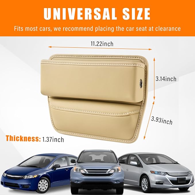Ziciner Car Seat Gap Organizer, Premium Leather Auto Seat Storage Box, Vehicle Adjustable Front Seat Gap Filler, Car Seat Side Pocket Organizer for Phones, Glasses, Keys, Money, Cards (Beige) - Image 2