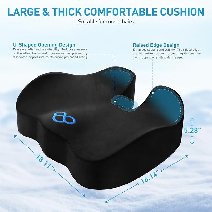 BlissTrends Thick Seat Cushion for Office Chair & Car Seat, XL, Black | Memory Foam with Removable Cover, Ergonomic Tailbone & Sciatica Support for Pressure Relief and Long Sitting, 3.9" Thick - Image 2
