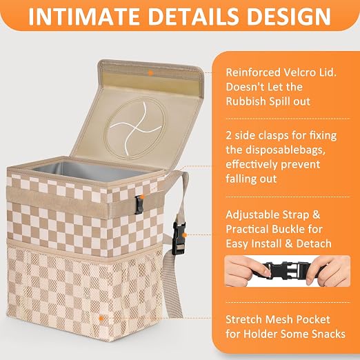 Vankor Car Trash Can with Lid Leak Proof Car Accessories for Women | 3 Gallon Cute Hanging Car Trash Bin for Men Car Truck Vehicle Interior Automotive Garbage Cans, Khaki Checkered - Image 4