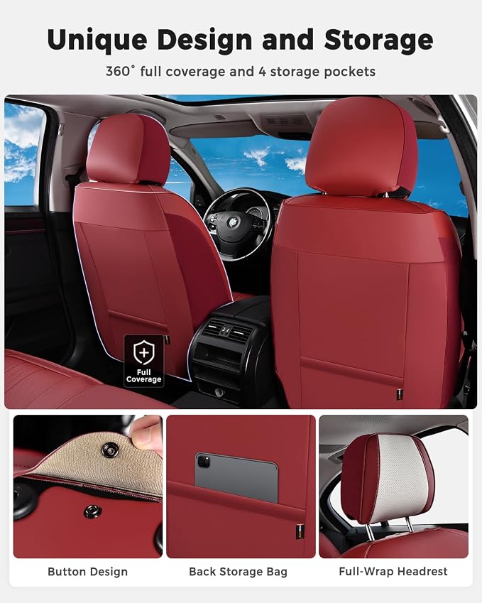 Huidasource Car Seat Cover, Luxury Faux Leather Seat Covers for Cars, Velcro Adjustable, with Airbags, Child Seat, Perforation Cooling＆Heating, Universal Fit for Most Cars Vans Trucks SUVs, Red＆White - Image 5