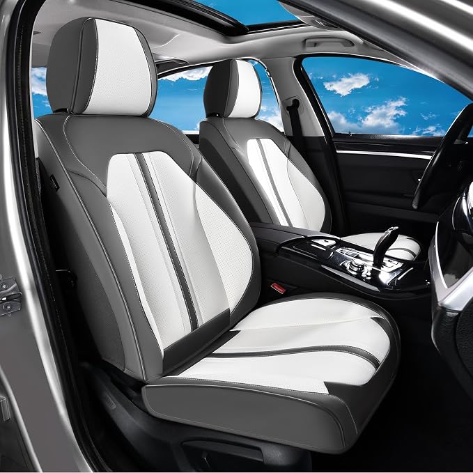 Huidasource Automotive Seat Covers, Luxury Faux Leather Seat Covers Leather, Velcro Adjustable, with Airbags, Child Seat, Cooling＆Heating, Universal Fit for Most Cars, Vans, Trucks, SUVs, Gray＆White - Image 2