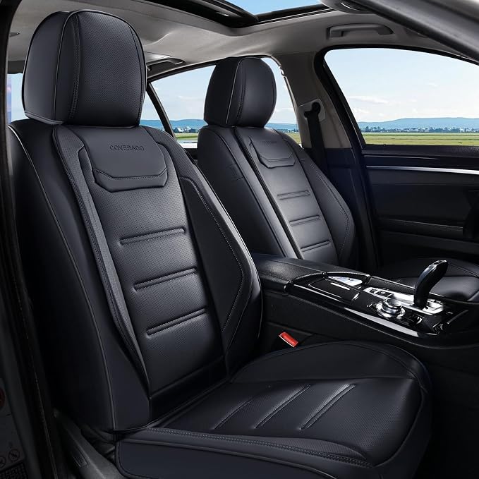 Coverado Car Seat Covers, Front Covers for Cars, Car Seat Cover Front Seats, Car Seat Protector Waterproof, Leather Car Seat Cushion, Universal Interior Covers Seat Protectors for Most Cars Black by COVERADOAUTO