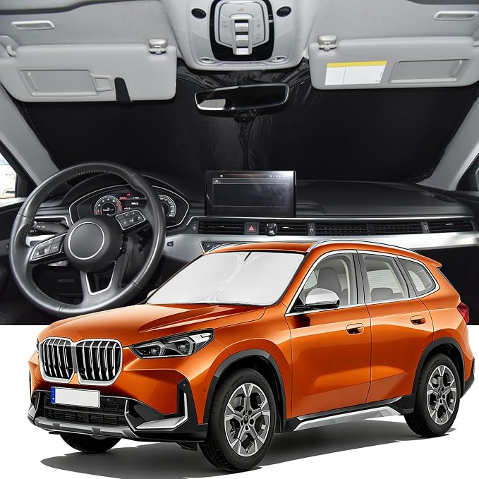 Windshield Sunshade for BMW X1 Sun Shade 2016-2022 xDrive/sDrive | Upgrade 4 Layers Custom Fit BMW X1 Car Window Shades Blocks UV Rays 240T Keep Cool Foldable Car Windshield Accessories by ZOIBVCARSUNSHADE