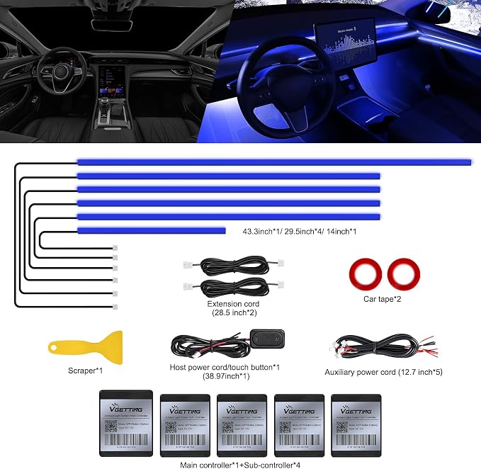 RGB Acrylic Interior Car LED Strip Light with Wireless APP, Car Accessories 6 in 1 with 175 inches 593 LEDs Fiber Optic Ambient Lighting Kits, Dynamic Music Sync Neon LED Strip Light for Car - Image 2