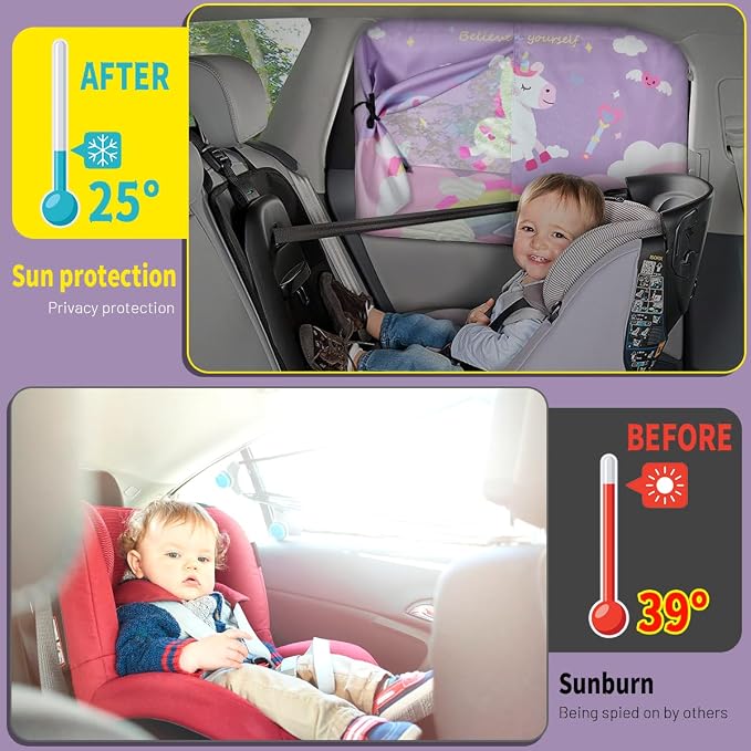 Car Window Shades, 2 PCS Magnetic Double Layer Car Sun Shade for Side Windows Privacy Full Covers/Half Shade Options Unicorn Patterns Car Window Curtains for Baby Protection - Image 6