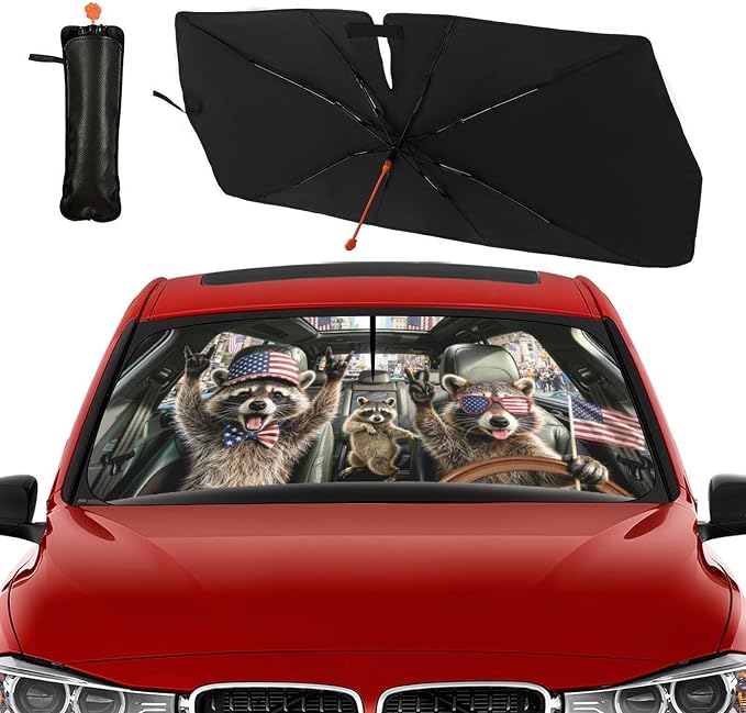 Socira Funny Rocking Raccoon Car Windshield Sun Shade Umbrella Foldable | Rock Racoons Sunshade for Front Window Auto Windshield Sunshade Covers Car Accessories Gifts Protect from Sun Rays Heat - Image 8