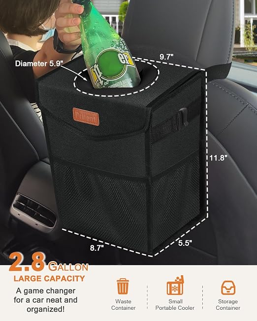 Pritent Car Trash Can with Lid Leakproof Car Garbage Bag Vehicle Trash Bin | Hanging Automotive Garbage Can,Multipurpose Car Accessories for Women Men Interior Car Storage Organizer(2.8 Gal,Black) - Image 2