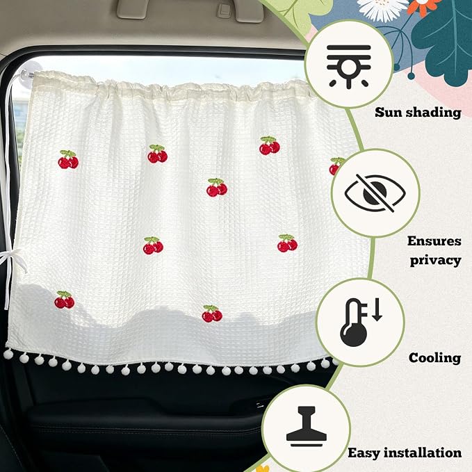 Car Side Window Sun Shade Privacy Curtain for Baby, 25.2"x18.1" Cute Blackout UV Protection Car Window Shades with Suction Cup for Back Seat, Auto Camping Windows Screen Shades (Ten Cherry) - Image 5