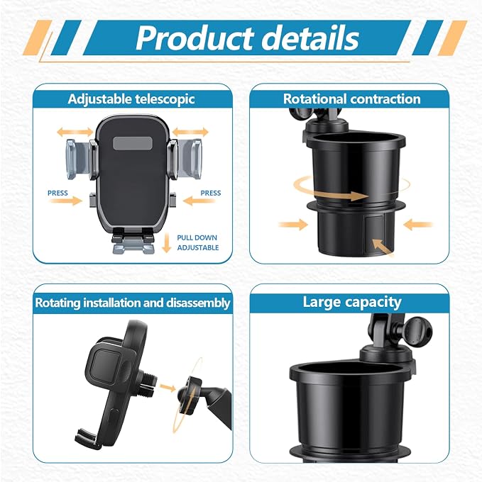 SAMPUSS 2-in-1 Phone Holders for Your Car Car Cup Holder Car Phone Holder | 360° rotation 2-in-1 function car phone mount with long arm universal smartphone phone holder car cup holder expander - Image 8