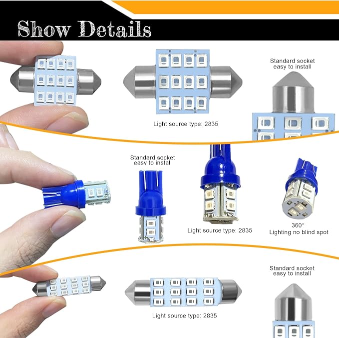 YOGEIER Car Led Bulb, Car Led Combination Set of 24 Sets, Used for Car Interior Lights, Indoor Map Dome Lights, Trunk Lights, License Lights, Etc. (Blue) - Image 4