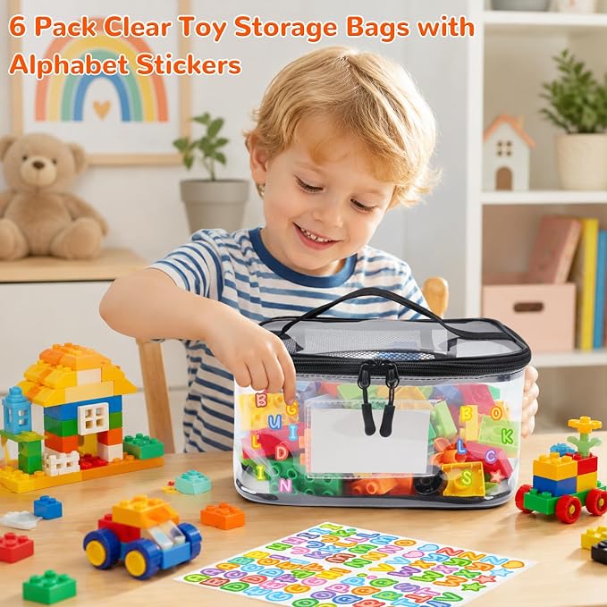 Tesuko 6 Pack Clear Toy Storage Bag with Name Tag& Manual Pocket, Waterproof Transparent PVC Toy Organizer Case for Lego Bricks, Board Games, Building Blocks, Puzzles (Large Capacity, Black) - Image 9