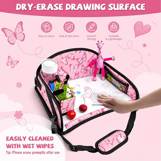 Kids Travel Tray for Car Seat, Toddler Car Seat Activity Tray, Kids Carseat Lap Table, Road Trip Essentials for Airplane, Lap Desk for Kid Roadtrip Activities, Butterfly - Image 7
