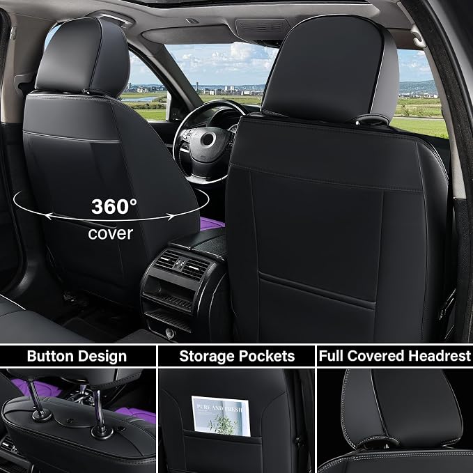 Coverado Car Seat Covers Full Set, Car Seat Protectors Leather Seat Covers for Cars, Automotive Seat Covers Car Accessories Universal Fit for Most Sedans SUV Pick-up Truck(Black&Purple) - Image 2