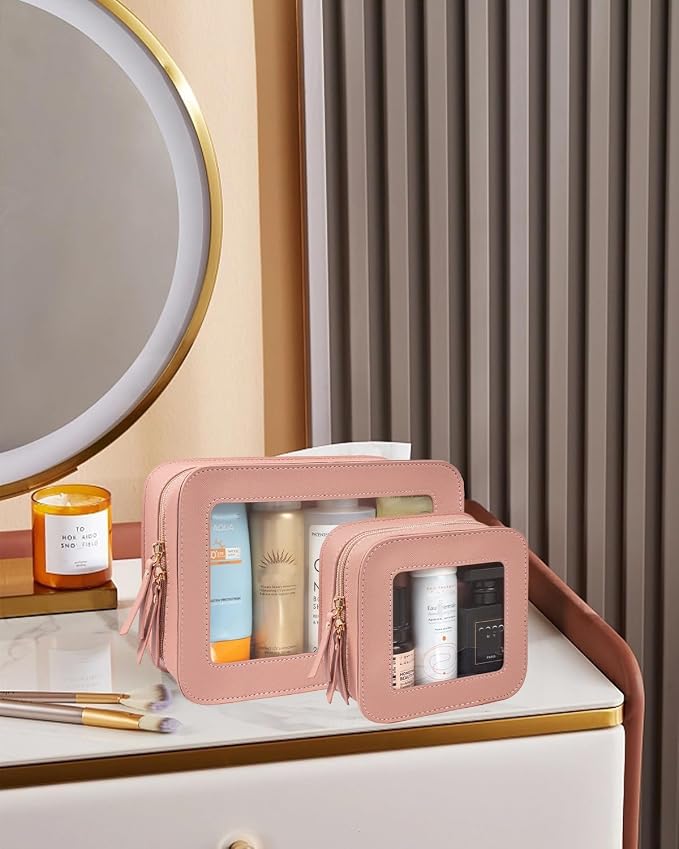 2 Pcs Travel Clear Makeup Bag Set, Clear Makeup Organizer with Zipper Leather Travel Bags for Toiletries Small Cosmetic Bags for Women Mini Make up Pouch Toiletry Bags Car Essentials - Image 2