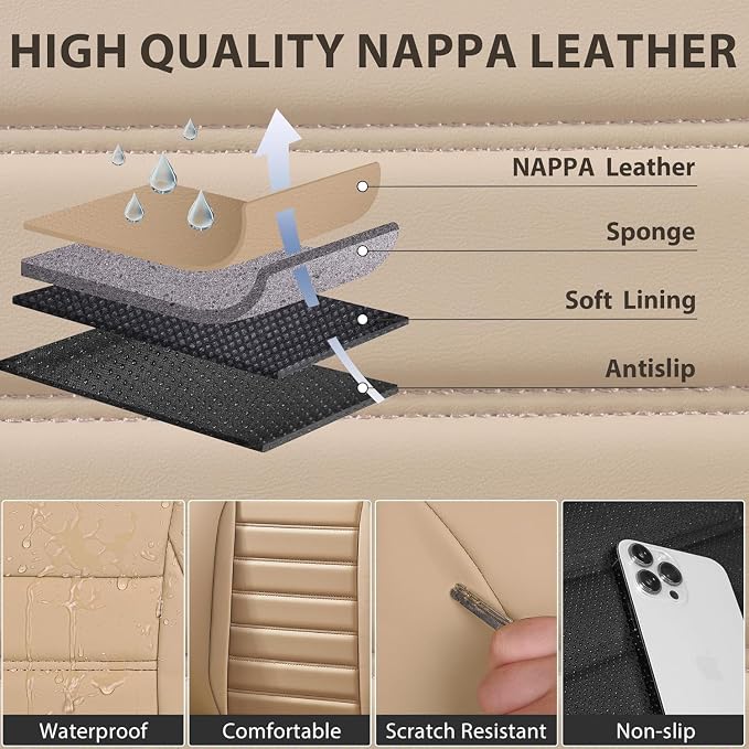 CAR PASS Nappa Leather Car Seat Covers Front Seats, Luxury Seat Protector for Cars, Waterproof Anti-Slip Seat Cushion Airbag Compatible Universal for Sedan SUV Pick-up Truck Automotive Vehicle, Beige - Image 5
