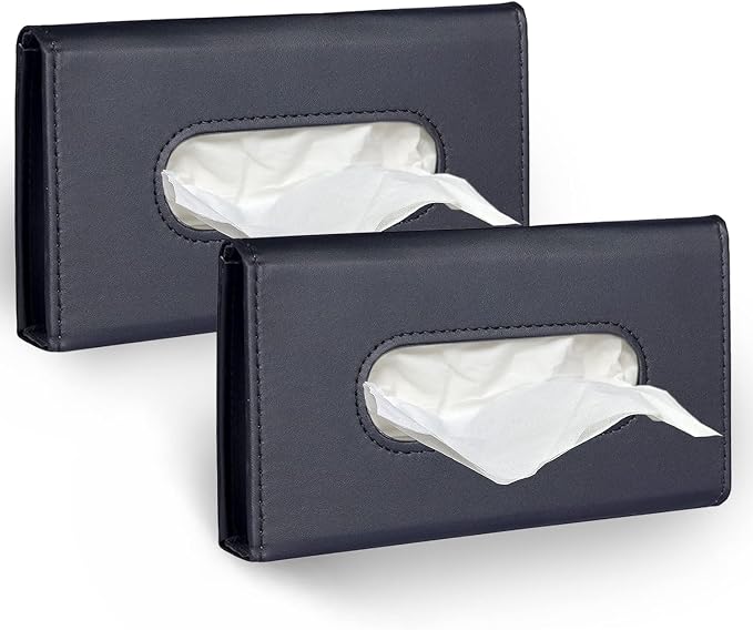 Car Tissue Holder, 2 Pack Sun Visor Napkin Holder, Premium PU Leather, Car Mask Holder for Sun Visor Vehicle, with Tissue Refill, Black&Beige by Langmeil