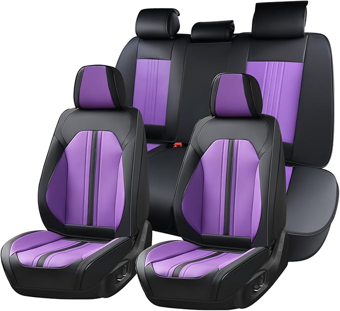 Huidasource Universal Car Seat Cover, Luxury Faux Leather Car Seat Cover Set Velcro Adjustable with Airbags, Thinning Design Perforation Cooling＆Heating Fit for Most Cars Vans Trucks SUVs Black&Purple by Huidasource