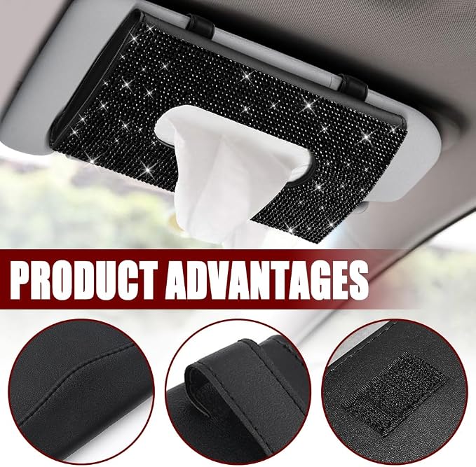 Bling Car Sun Visor Tissue Box Holder, Car Visor Tissue Holder, PU Leather with Bling Crystal Rhinestones Tissue Holder, Backseat Paper Towel Cover Case Auto Accessories for Women (Black) - Image 3
