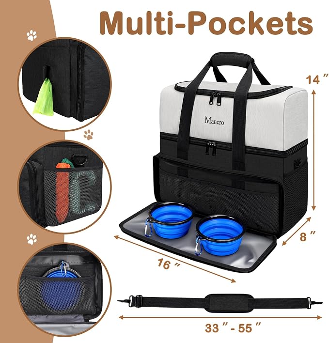 Mancro Dual Layers Dog Travel Bag, Dog Mom Gifts, Road Trip Essentials | Pet Travel Bags with 2 Extra Large Food Containers, 2 Collapsible Dog Bowls, Multi-Pockets Tote Organizer for Pet Supplies - Image 4