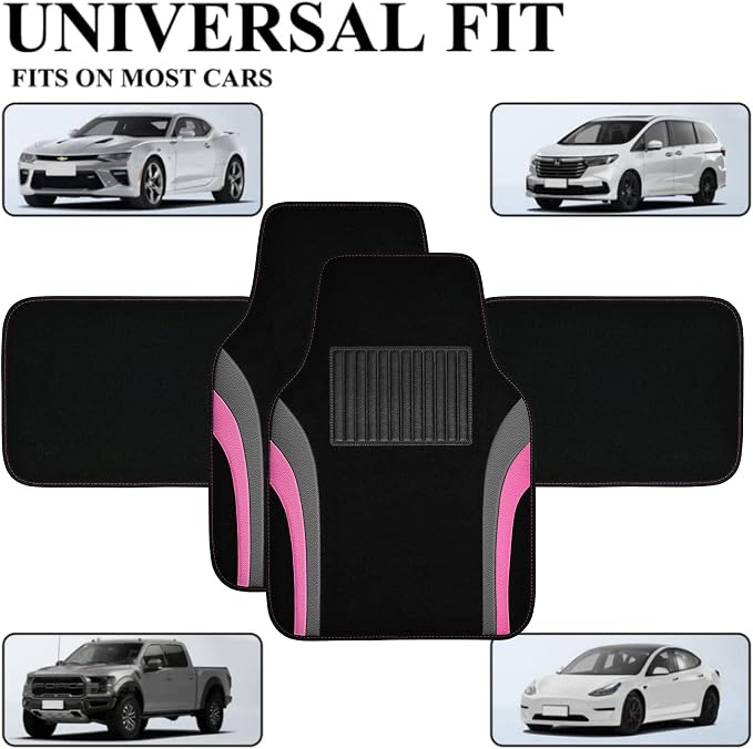 CAR PASS Leather Sporty Car Floor Mats Carpet, Universal Waterproof Automotive Floor Mat Fit for Sedans, Cars, Mid Trucks, Vans, SUV, Set of 4 (Black and Pink) - Image 5