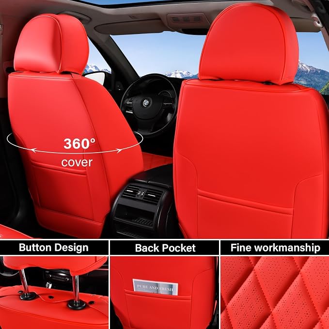 Coverado Leather Seat Covers, Car Seat Cover Front Seats, Waterproof Seat Covers, Luxury Faux Leather Car Seat Protectors, Red Car Seat Cover, Automotive Seat Covers Universal Fit for Most Cars - Image 2