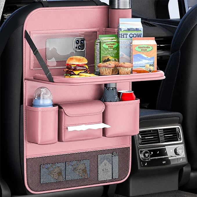 2 Pack Leather Car Backseat Organizer with Foldable Table Tray, Universal Car Seat Back Protector Kick Mat with Touchscreen Tablet Holder, Storage Pockets, Cup Holders & Tissue Holder, Pink - Image 8
