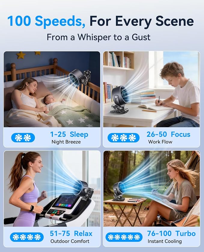 KIMMOO 4000mAh Rechargeable Portable Clip on Fan-100-Speed Touch Control, LED Display, 360° Rotate Quiet Turbo Desk Fan, Small Battery Operated USB Fan for Stroller Bed Travel Camping Golf Gym (Black) - Image 5