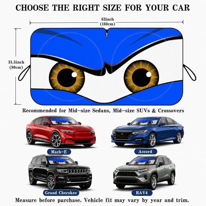 Car Windshield Sun Shade, Universal Fit Midsized Sedan SUV, Monster Blue | 63 x 31.5" Windshield Cover, Foldable Front Window Sunshade, UV Heat Protection, Cute Eyes Series - Image 5