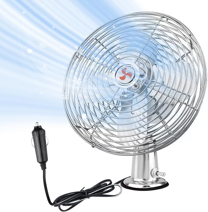 12V Portable Fan RV | Truck Cooling Heavy Duty 9" Metal Clip-On Car Fan Bus | Boat | Forklift | Car | Camper | Lawn | Mower | Tractor 2-Speed High Velocity Silver by CraftZone