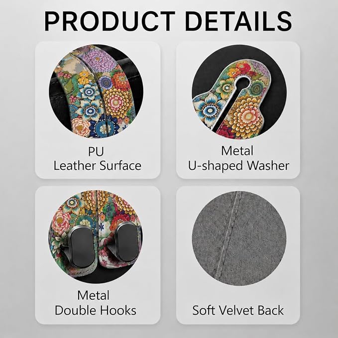 Cute Boho Floral Car Seat Back Storage Headrest Hooks for Purses & Bags – 2PCS PU Leather Dual Metal Hooks, Backseat Organizer Accessories - Image 3